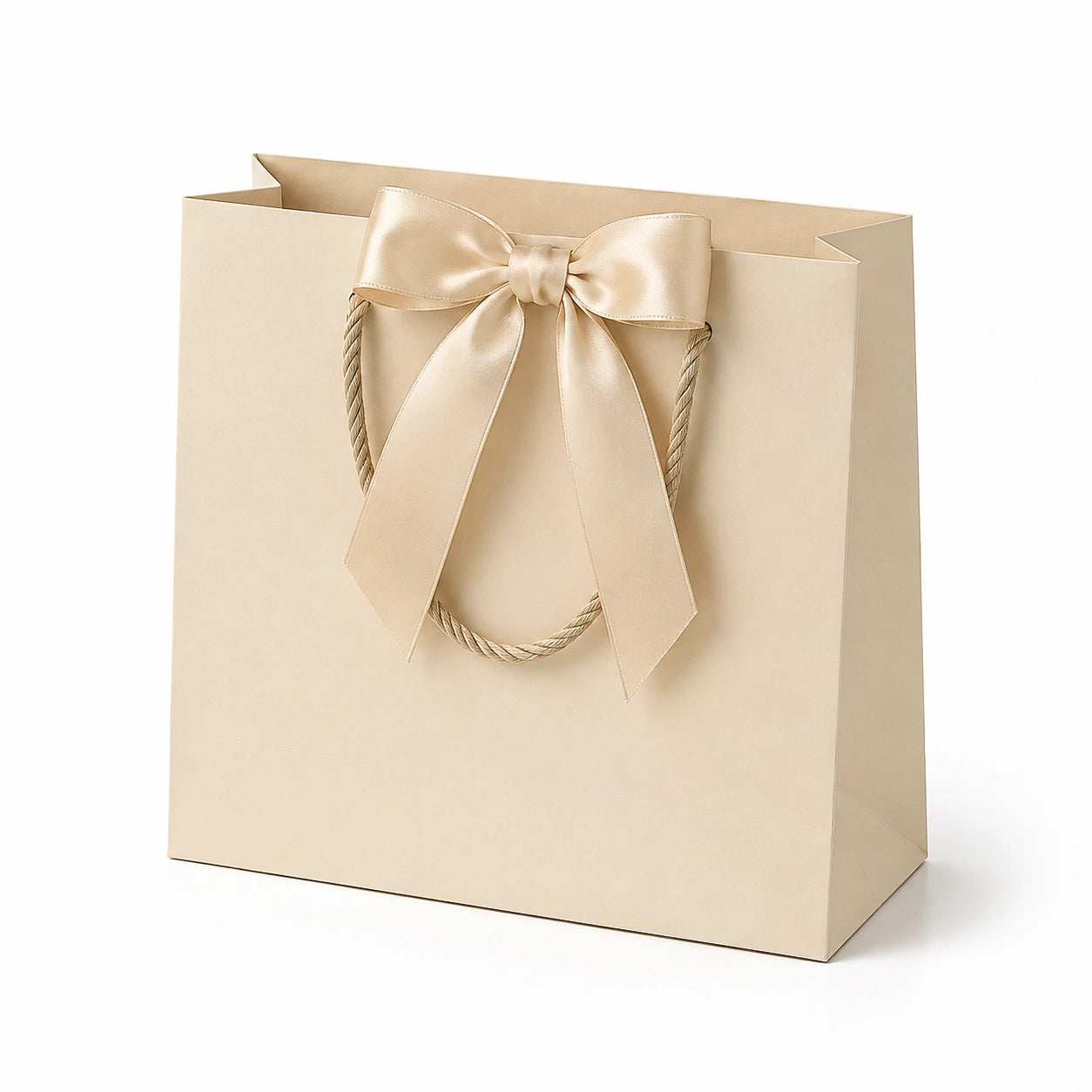 Borsa regalo 32 x 12 x 26 cm in carta beige con fiocco satinato e manici in corda