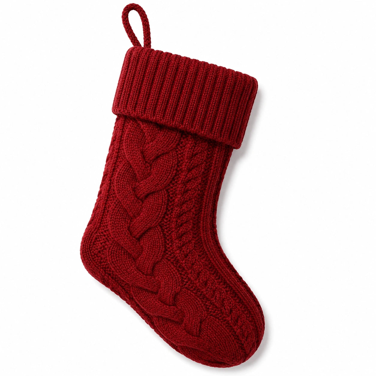 Calza decorativa 45 cm in filato rosso lavorato a maglia con trecce e passante