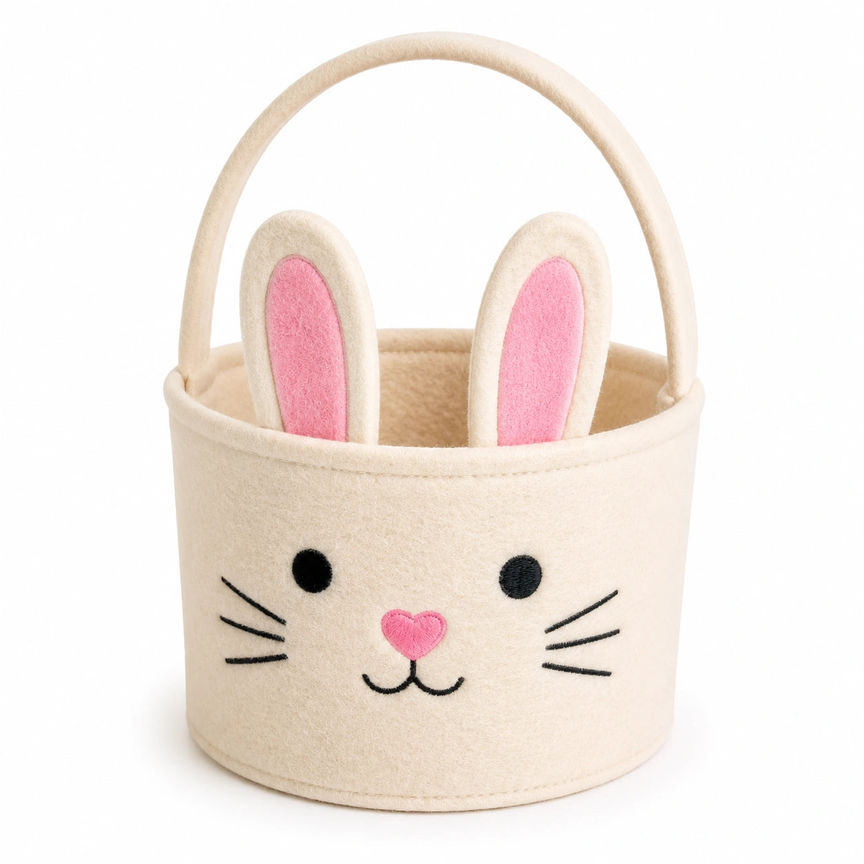 Cestino pasquale diametro 20 cm in feltro crema rosa con manico e motivo coniglio