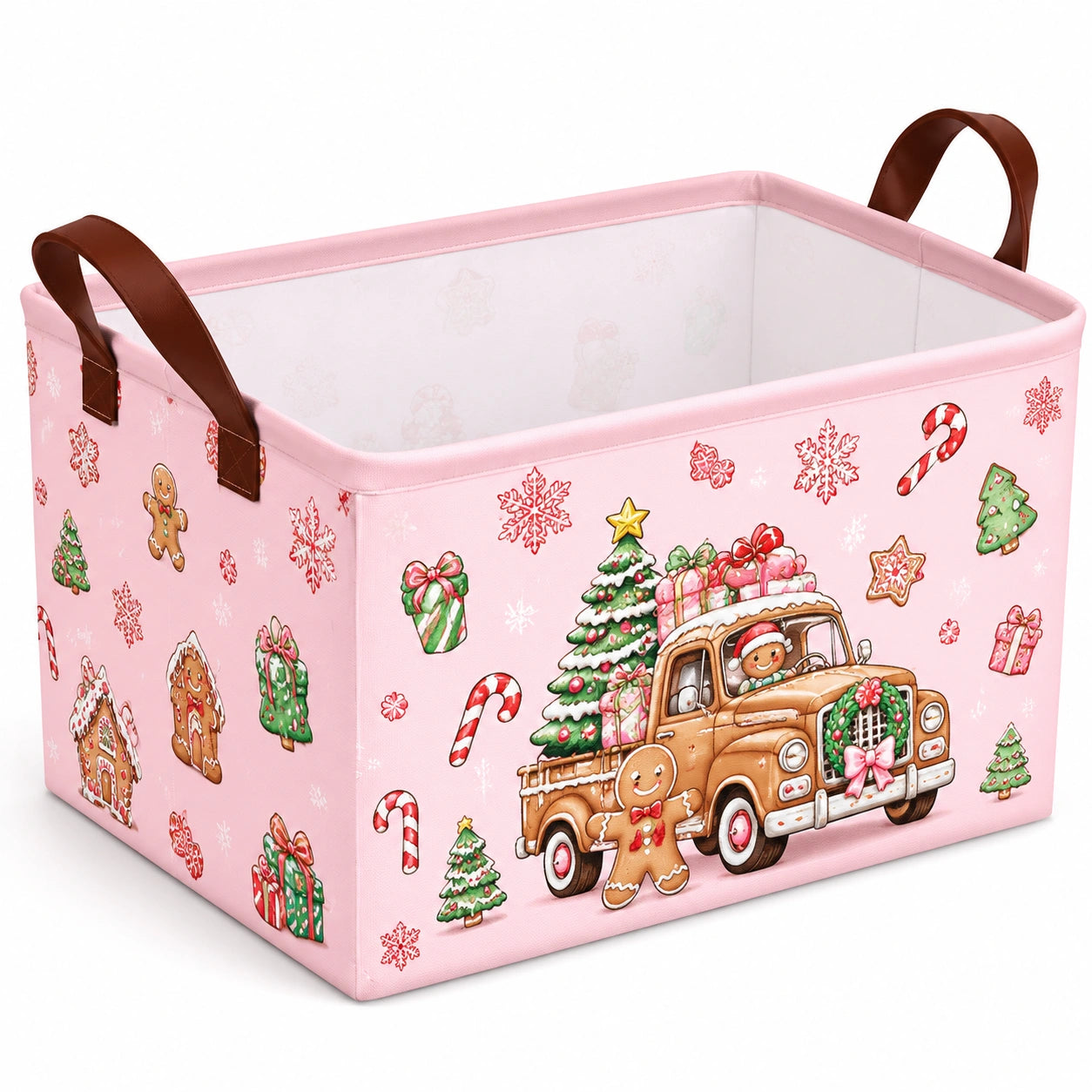 Cesto portaoggetti 40 x 30 x 30 cm in tessuto rosa con manici stile natalizio