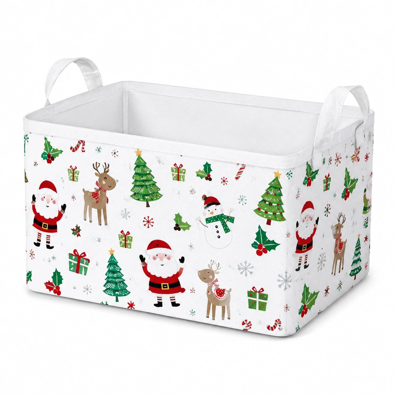 Cesto portatutto 38 x 26 x 25 cm in tessuto bianco multicolore con manici stile natalizio