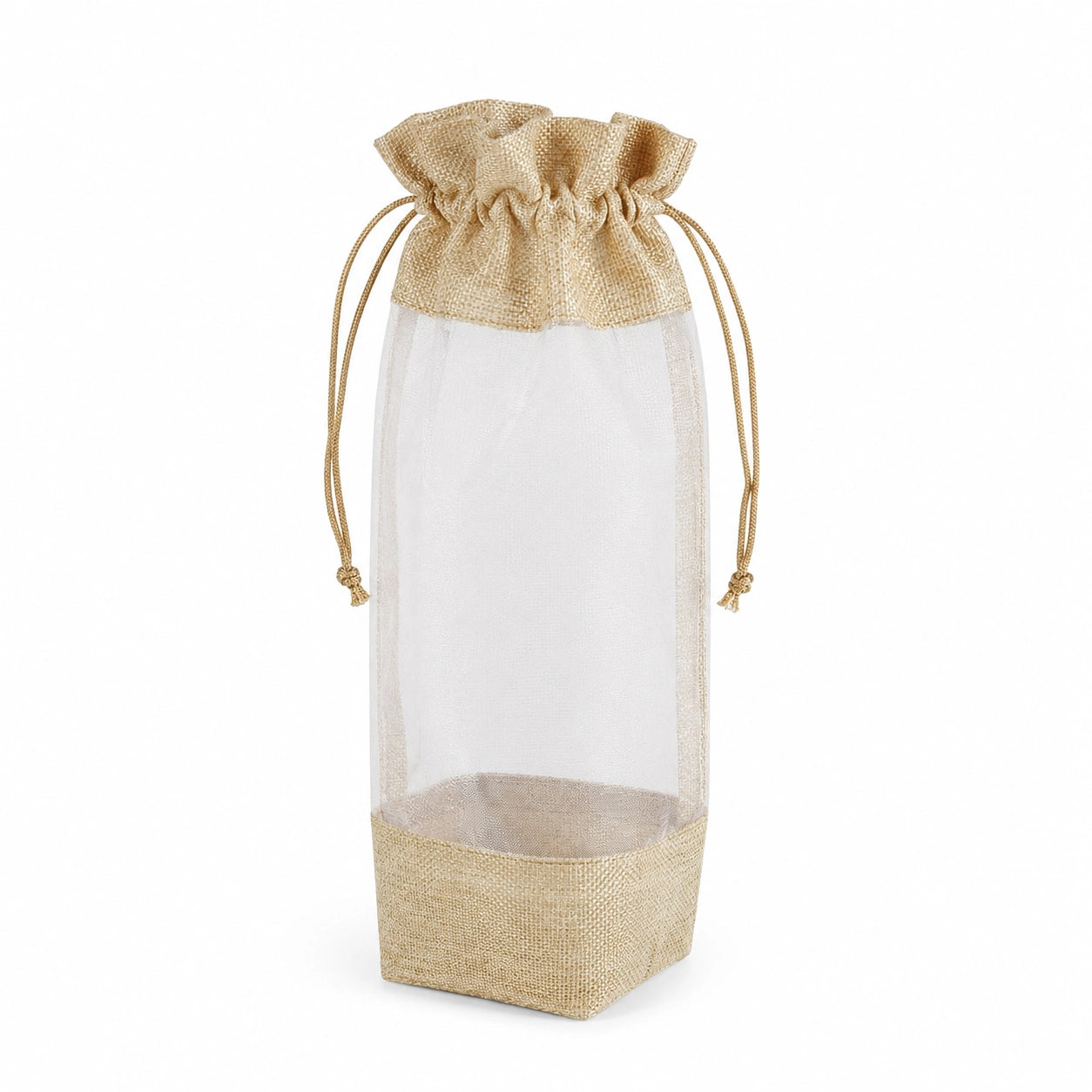 Sacchetto portabottiglia 12 x 12 x 35 cm in tessuto effetto juta e rete beige con coulisse