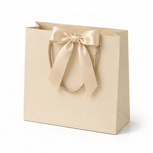 Borsa regalo 32 x 12 x 26 cm in carta beige con fiocco satinato e manici in corda