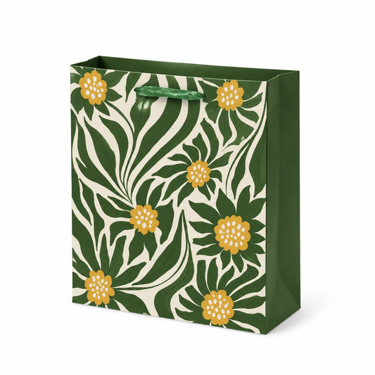 Borsa regalo 32 x 12 x 26 cm in carta verde bianco e giallo con manici in nastro e motivo floreale