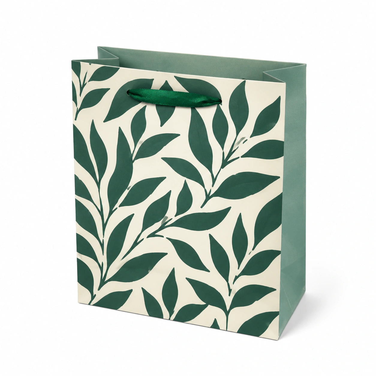 Sacchetto regalo 26 x 12 x 32 cm in carta verde e crema con manici in nastro - motivo botanico