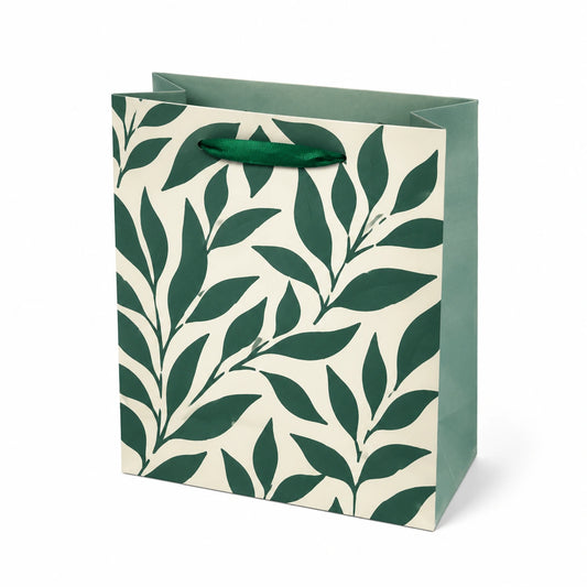 Sacchetto regalo 26 x 12 x 32 cm in carta verde e crema con manici in nastro - motivo botanico