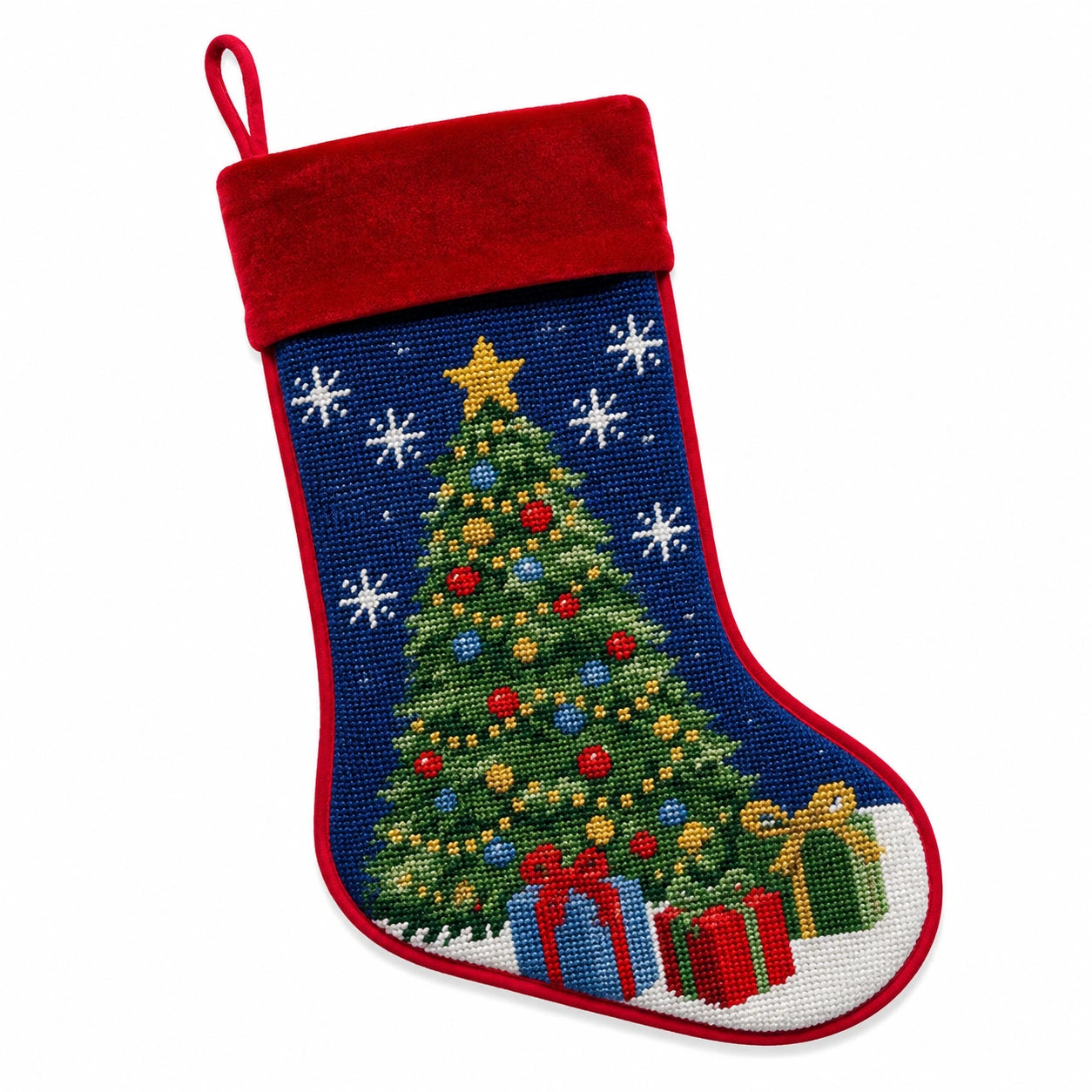 Calza natalizia 45 cm in tessuto rosso blu e verde con ricamo decorativo e passante da appendere