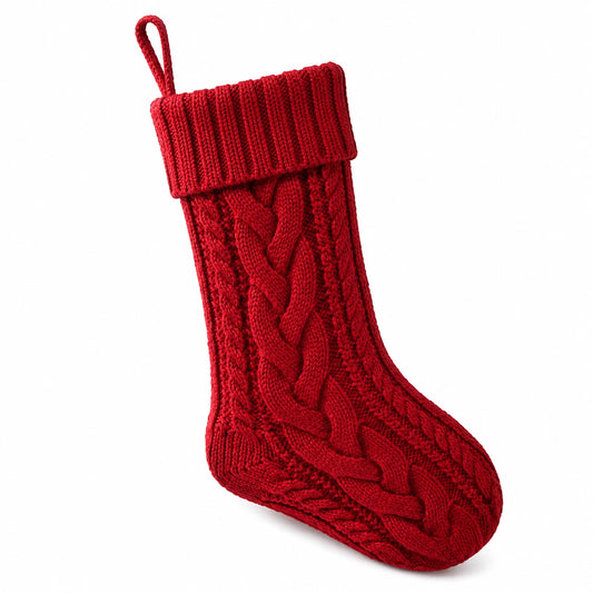 Calza decorativa natalizia 45 cm in tessuto a maglia rosso con motivo a trecce