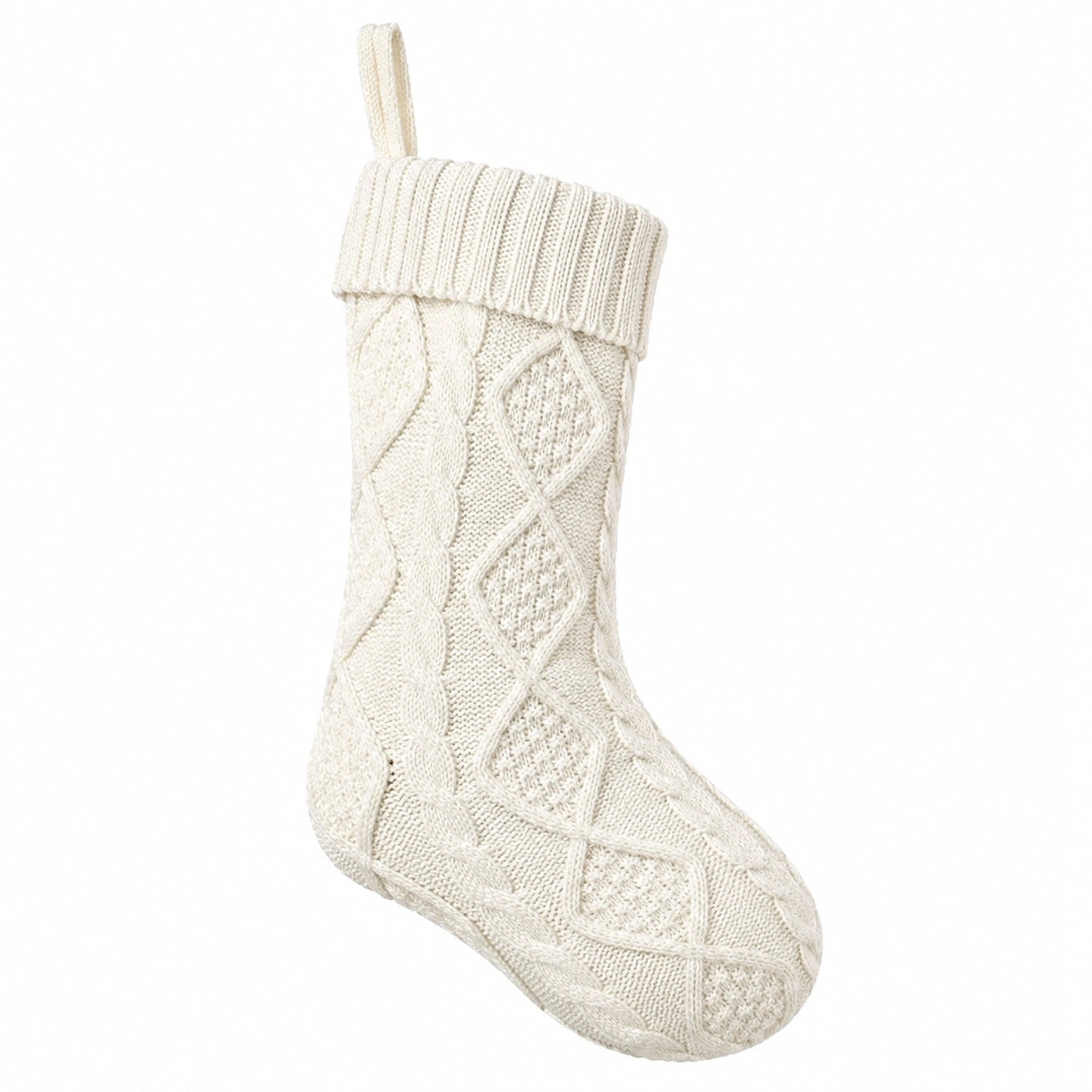 Calza decorativa in maglia avorio con trecce e passante da appendere