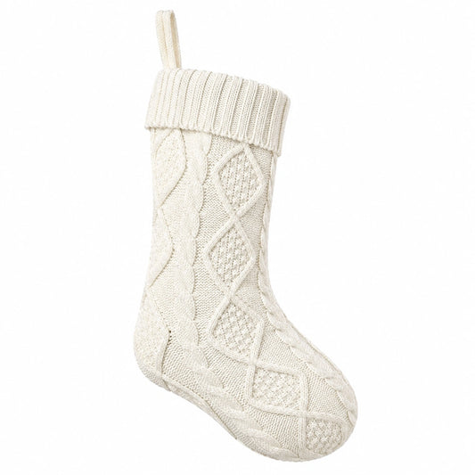Calza decorativa in maglia avorio con trecce e passante da appendere