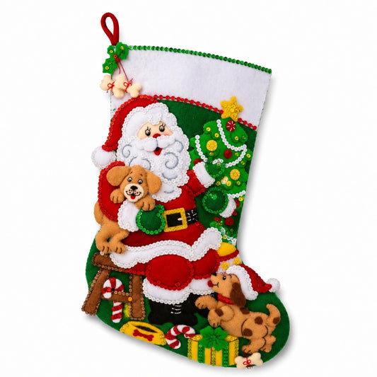 Calza natalizia 45 cm in feltro rosso verde e bianco con Babbo Natale decorativa da appendere