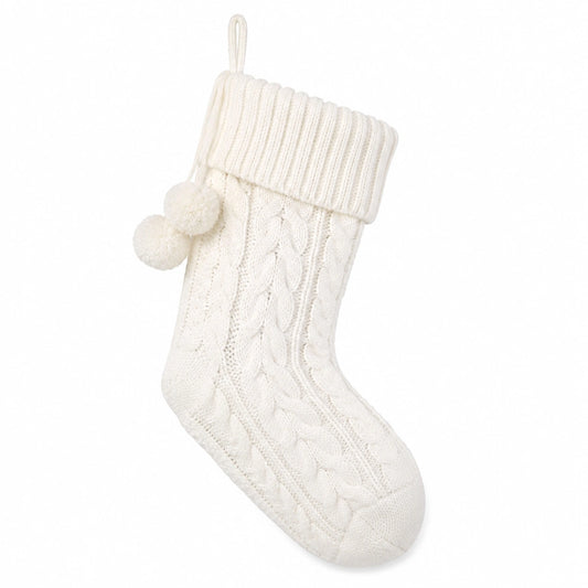 Calza decorativa 45 x 25 cm in tessuto a maglia bianco con pompon stile natalizio
