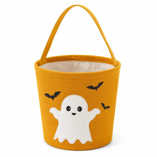 Cestino portaoggetti Ø25 x 23 cm in tessuto arancione con manico e decorazione fantasma