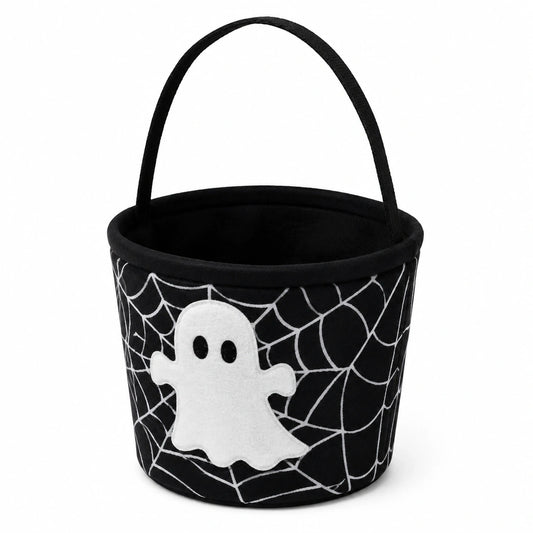 Cestino portadolci Halloween 20 x 18 cm in tessuto nero con manico e motivo fantasma