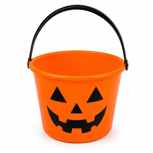 Secchiello rotondo 20 x 16 cm in plastica arancione con manico nero per dolci motivo zucca