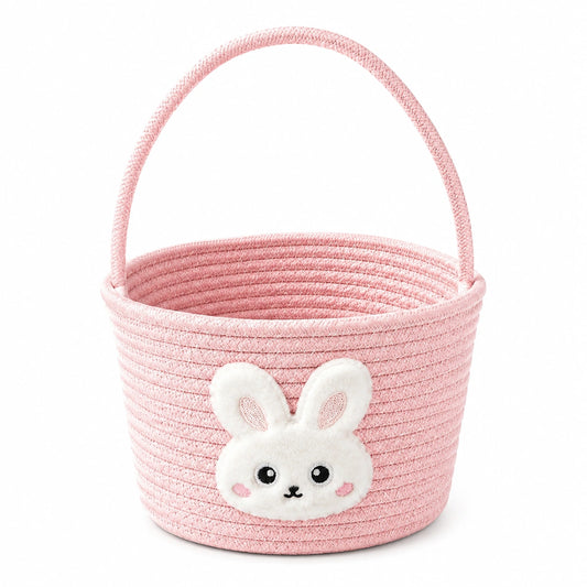 Cestino portaoggetti rotondo 24 x 18 cm in corda di cotone rosa con manico e applicazione coniglio