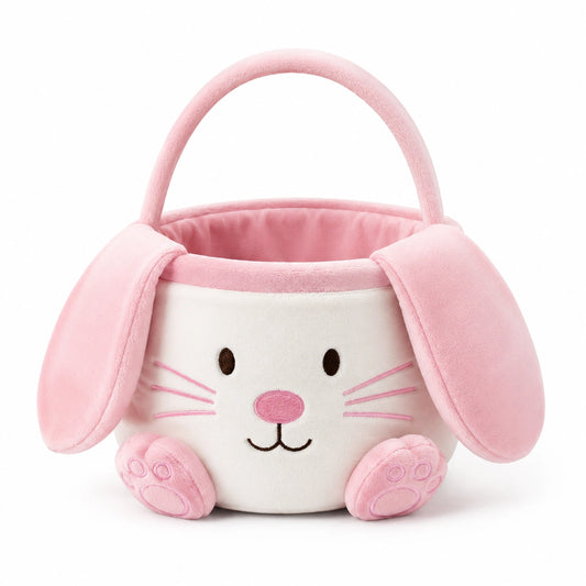 Cestino pasquale coniglio 30 x 20 x 28 cm in tessuto peluche rosa e bianco con manico morbido