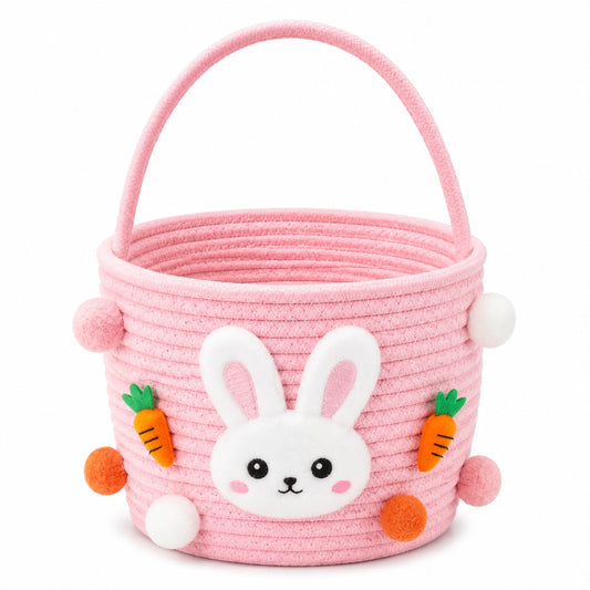 Cestino rotondo 25 x 20 cm in corda di cotone rosa con manico - contenitore con coniglio