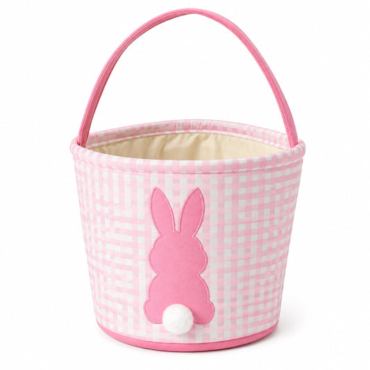 Cestino rotondo 25 cm in tessuto rosa e bianco con manico e coniglio decorativo
