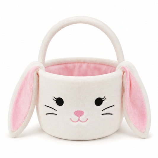 Cestino con manico 25 cm in peluche bianco e rosa con coniglio