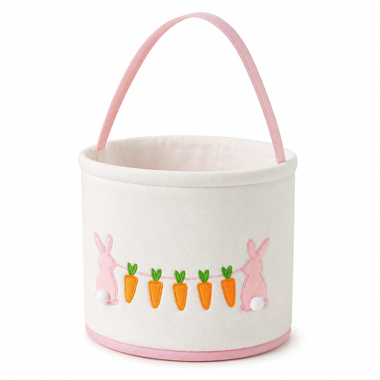 Cestino portaoggetti rotondo 30 x 35 cm in tessuto bianco e rosa con manico - stile coniglietti per cameretta