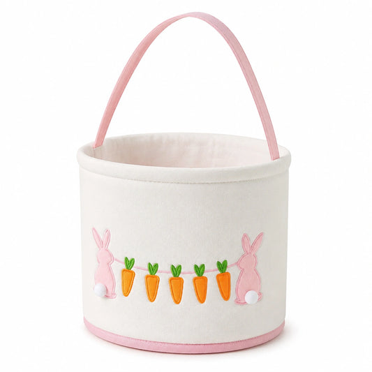 Cestino portaoggetti rotondo 30 x 35 cm in tessuto bianco e rosa con manico - stile coniglietti per cameretta