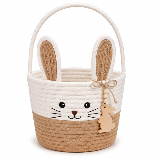 Cesto portaoggetti coniglio Ø25 x 40 cm in corda di cotone bianco naturale con manico stile decorativo
