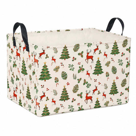 Cesto portaoggetti 40 x 30 x 30 cm in tessuto beige con stampa natalizia e manici - contenitore pieghevole