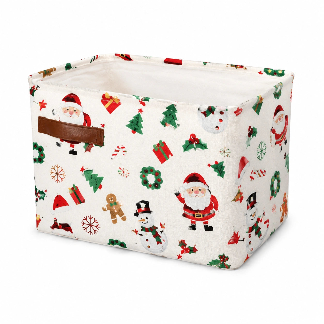 Cesto contenitore 30 x 20 x 20 cm in tessuto bianco con stampa natalizia e maniglia