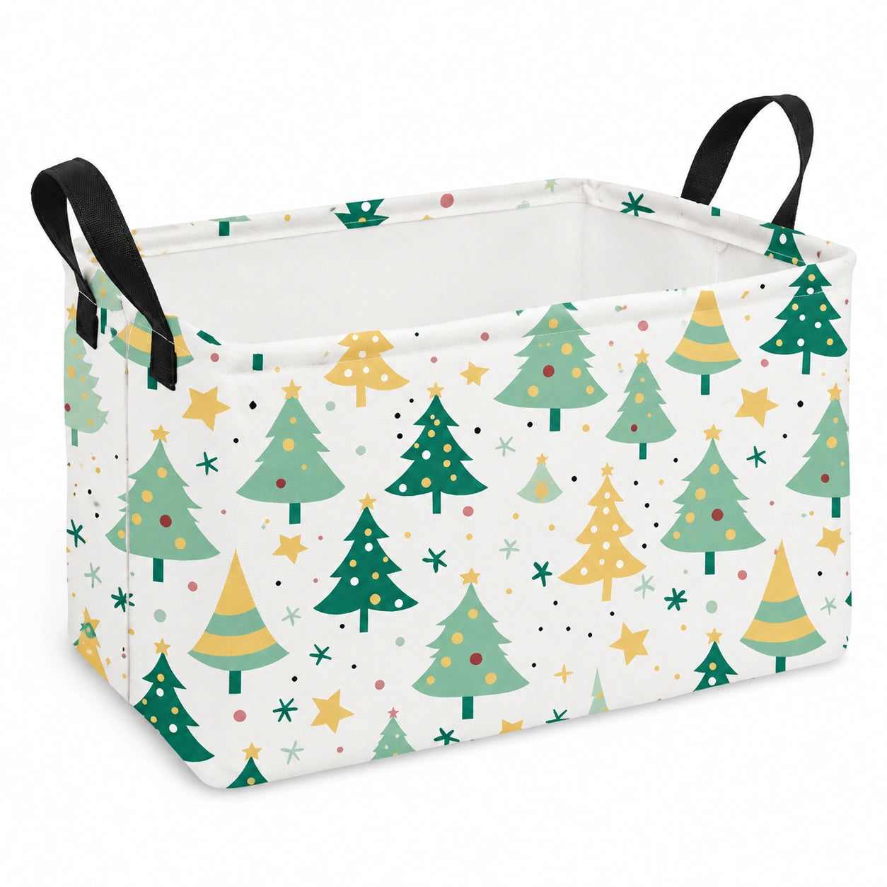 Cesto portaoggetti 40 x 30 x 30 cm in tessuto bianco e verde con manici - stampa natalizia pieghevole