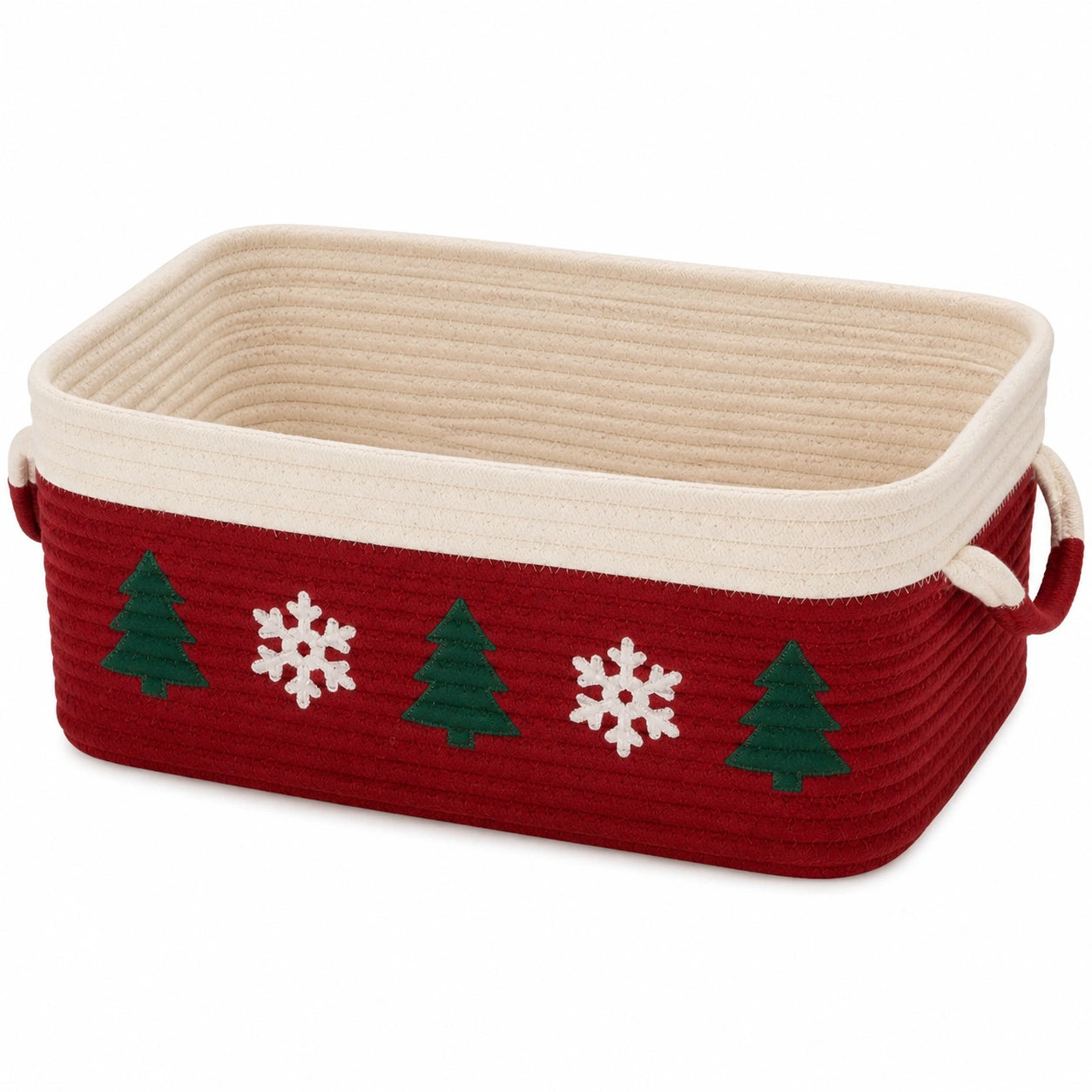 Cesto portaoggetti 40 x 30 x 20 cm in cotone rosso e crema con manici - stile natalizio