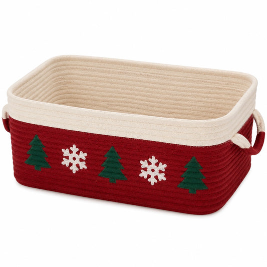 Cesto portaoggetti 40 x 30 x 20 cm in cotone rosso e crema con manici - stile natalizio