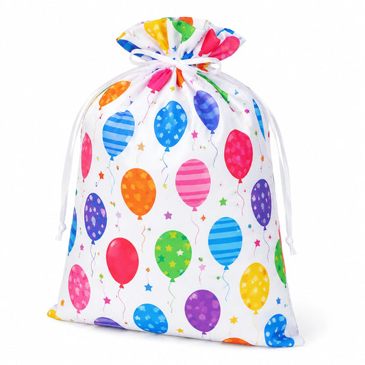 Sacchetto regalo 30 x 40 cm in tessuto bianco multicolore con chiusura a coulisse per feste