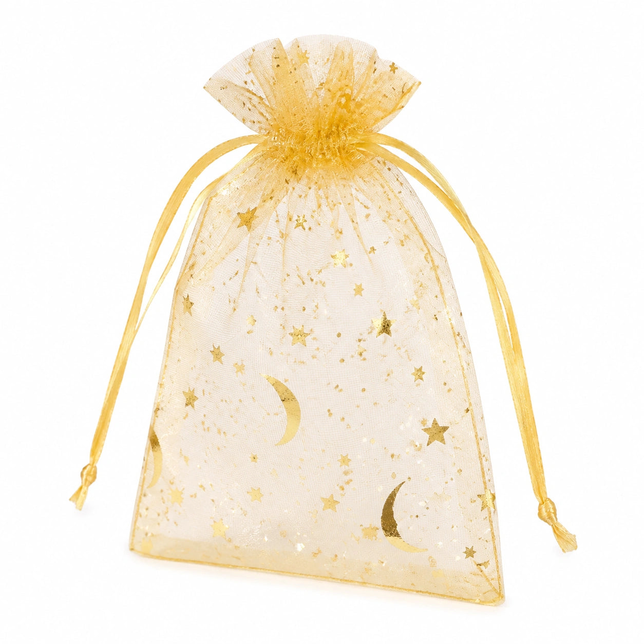 Sacchetto regalo 10 x 15 cm in organza dorata con chiusura a coulisse motivo stelle e lune