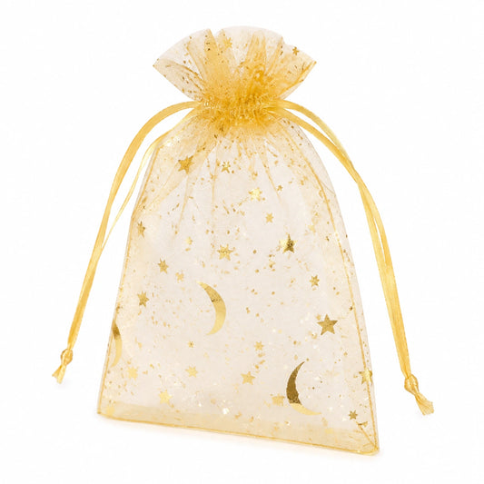 Sacchetto regalo 10 x 15 cm in organza dorata con chiusura a coulisse motivo stelle e lune