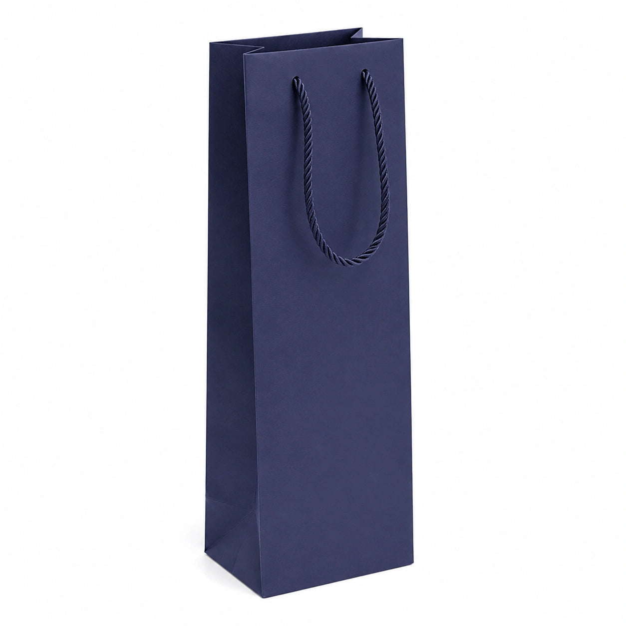 Sacchetto regalo 12x9x36 cm in carta blu navy con manici in corda per bottiglie