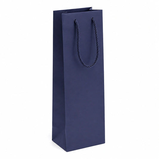 Sacchetto regalo 12x9x36 cm in carta blu navy con manici in corda per bottiglie