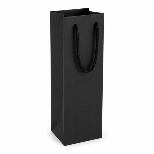 Sacchetto regalo per bottiglia 12 x 10 x 35 cm in carta nera con manici in corda - stile minimalista