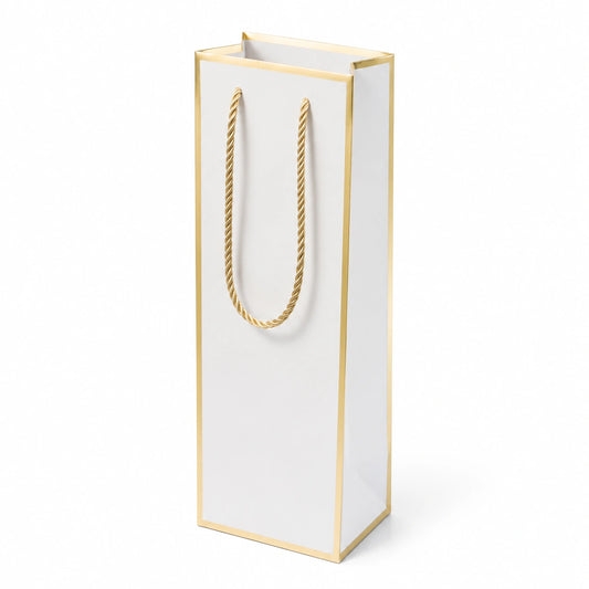 Sacchetto regalo per bottiglia 12 x 9 x 35 cm in cartoncino bianco e oro con manici in corda - stile elegante