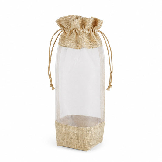 Sacchetto portabottiglia 12 x 12 x 35 cm in tessuto effetto juta e rete beige con coulisse