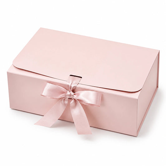Scatola regalo 30 x 20 x 10 cm in cartoncino rosa con nastro satinato e coperchio