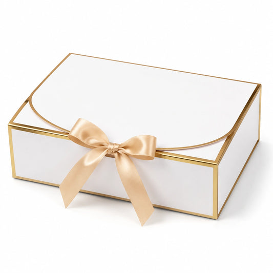 Scatola regalo 30 x 20 x 10 cm in cartone bianco e oro con fiocco in raso