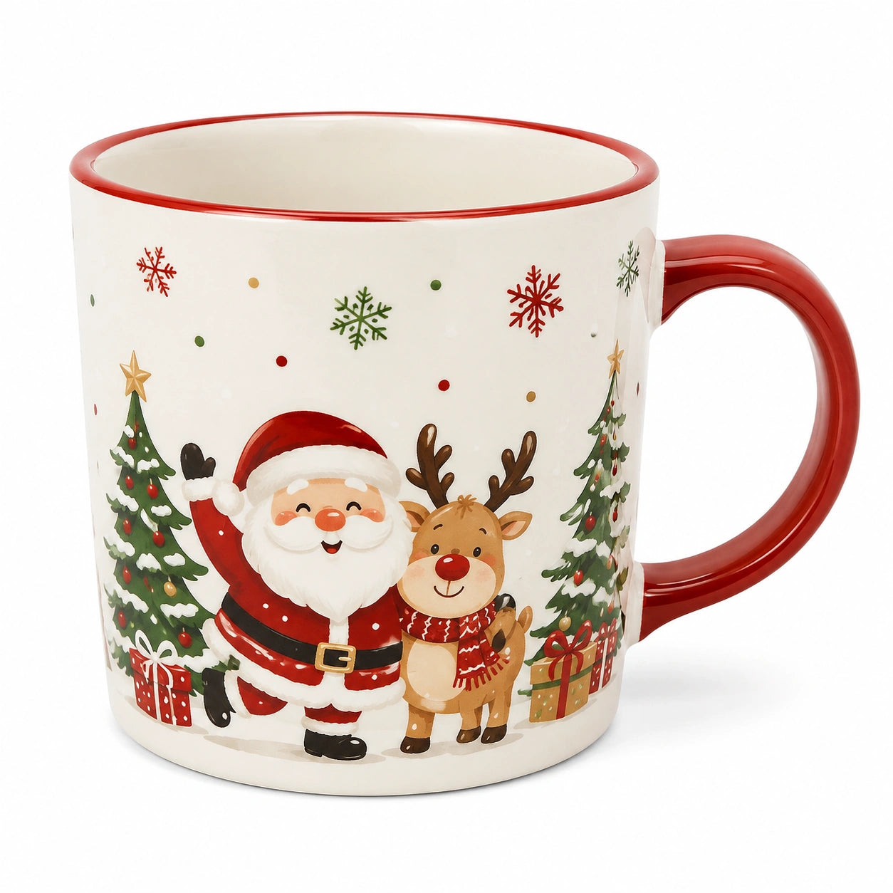 Tazza in ceramica 350 ml bianco rosso con manico e motivo invernale
