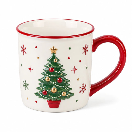Tazza natalizia in ceramica 10 cm bianco rosso verde con manico e albero decorativo