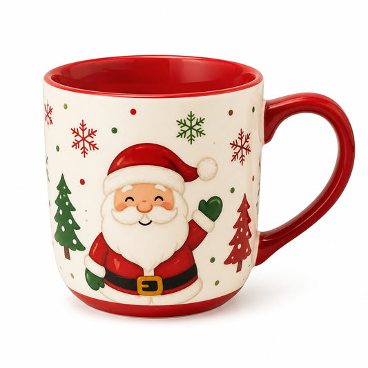 Tazza natalizia 500 ml in ceramica bianca e rossa con manico e motivo Babbo Natale