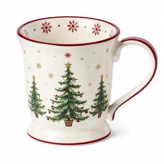 Tazza natalizia 400 ml in ceramica bianca e rossa con manico e decoro alberi